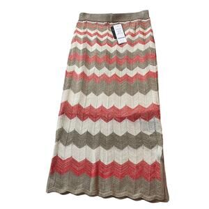 BEBE Chevron Striped Knit Sweater Skirt Tan Pink NWT XXS Midi Scallop Hem